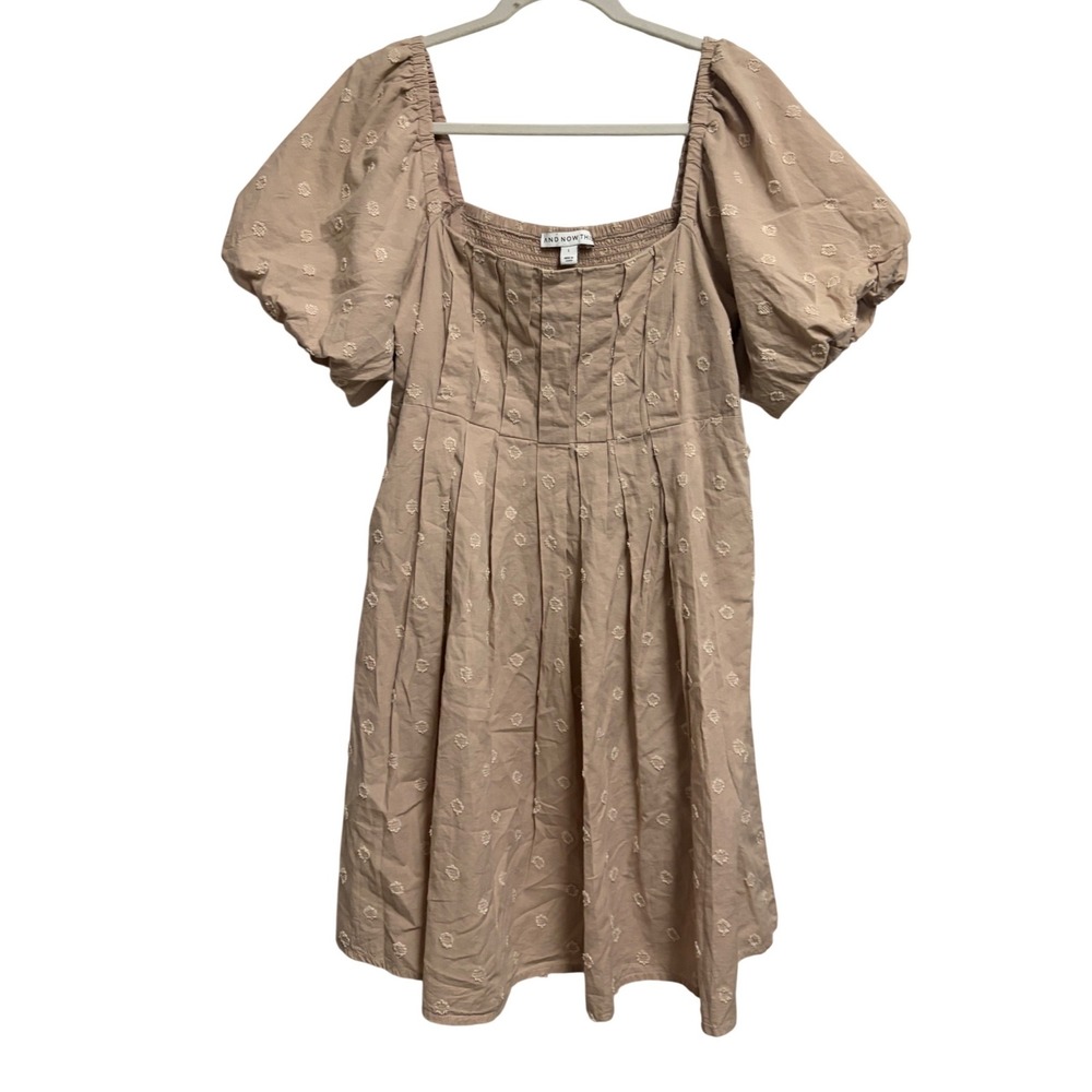 And Now This Square Neck Mini Dress Boho Tan Puff Sleeve Embroidered L Large